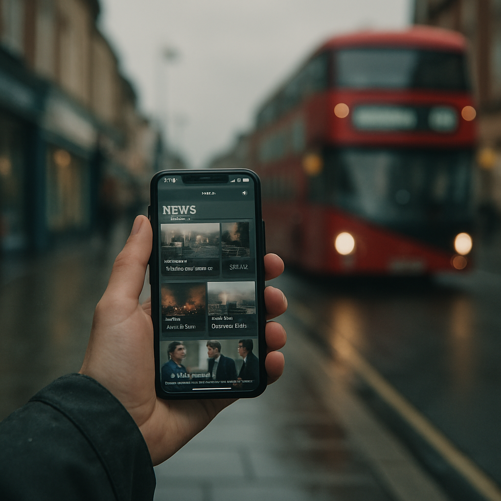 Person checking best UK news apps on a smartphone on a rainy British high street