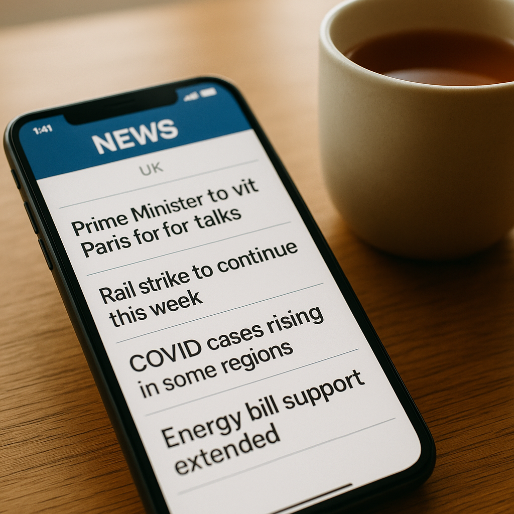 Smartphone showing UK news app feed beside a cup of tea, illustrating the best UK news apps